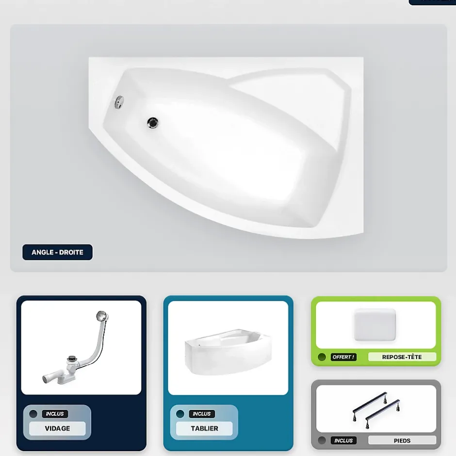 Besco Baignoire asymétrique - 130 x 85 cm - Droite - avec Tablier - Pieds - Repose-tête - Vidage Chrome - RIMA
