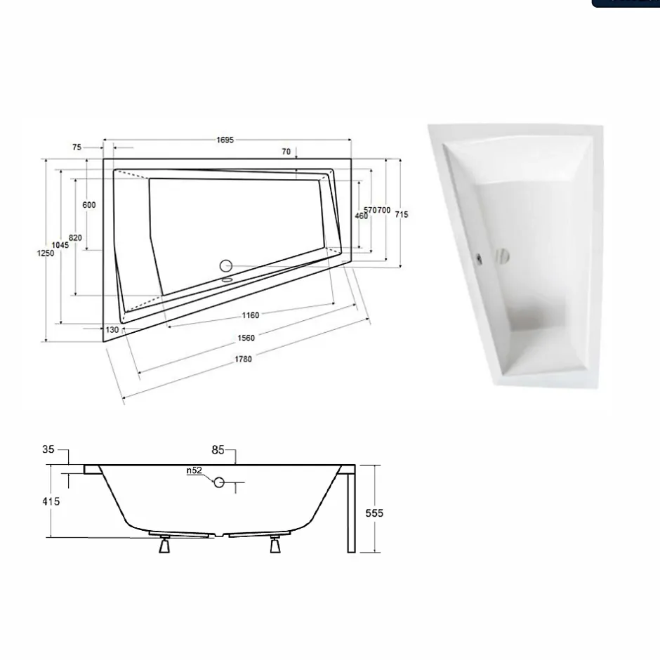 Besco Baignoire asymétrique - 170 x 125 cm - Gauche - sans Habillage - avec Pieds - 2 Repose-têtes - Vidage Chrome - INTIMA DUO