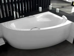 Besco Baignoire asymétrique - 150 x 100 cm - Droite - avec Habillage - Pieds - Poignées - Repose-tête - Vidage Chrome - NATALIA PREMIUM* Baignoire Asymétrique