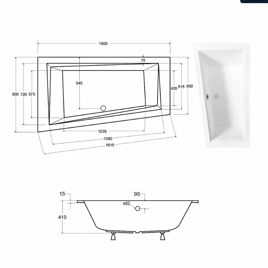 Besco Baignoire asymétrique - 160 x 90 cm - Gauche - avec Habillage - Pieds - Vidage Chrome - INTIMA SLIM