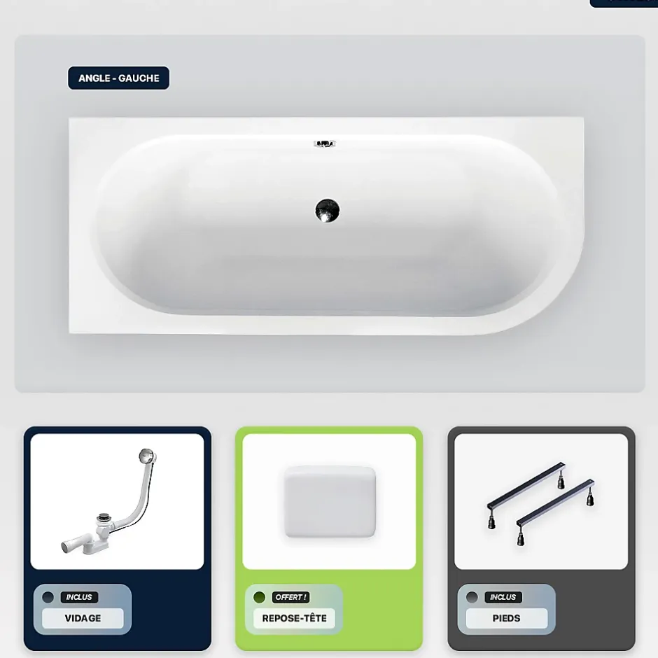 Besco Baignoire asymétrique - 150 x 75 cm - Gauche - sans Habillage - avec Pieds - Repose-tête - Vidage Chrome - AVITA