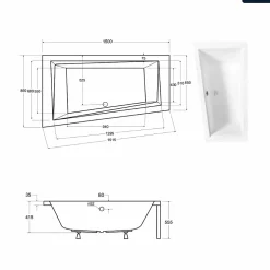 Besco Baignoire asymétrique - 150 x 85 cm - Gauche - sans Habillage - avec Pieds - Vidage Chrome - INTIMA* Baignoire Asymétrique