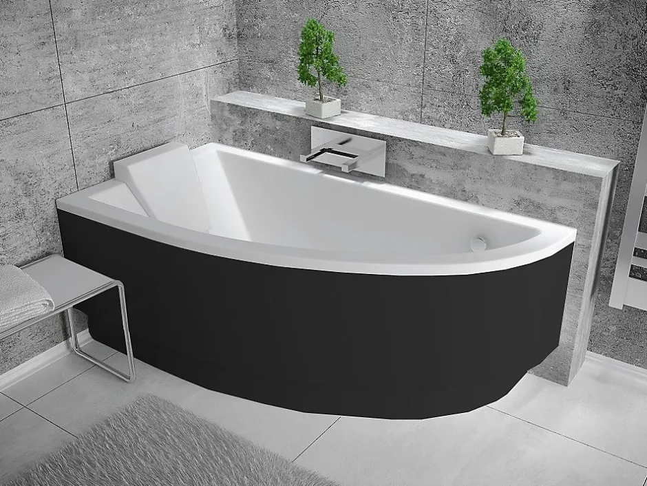 Besco Baignoire asymétrique + tablier noir + repose tête - PRAKTIKA - 150 x 70 cm - Gauche* Baignoire Asymétrique