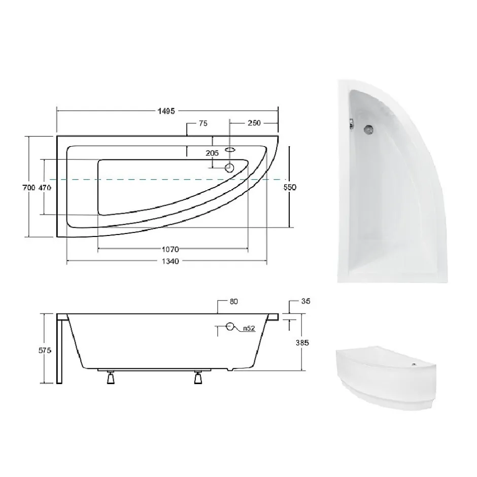 Besco Baignoire asymétrique + tablier noir + repose tête - PRAKTIKA - 150 x 70 cm - Gauche* Baignoire Asymétrique