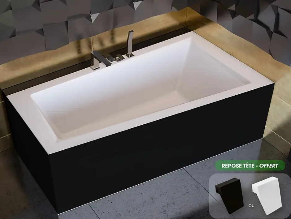 Besco Baignoire asymétrique + tablier noir + repose tête - INTIMA - 150 x 85 cm - Droite* Baignoire Asymétrique
