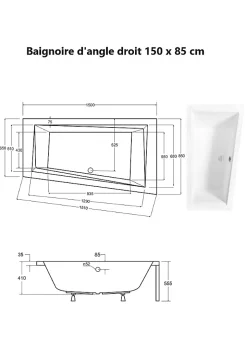 Besco Baignoire asymétrique + tablier noir + repose tête - INTIMA - 150 x 85 cm - Droite* Baignoire Asymétrique