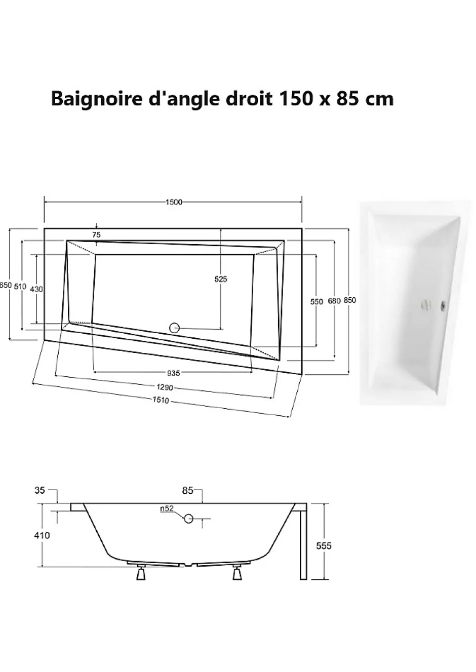 Besco Baignoire asymétrique + tablier noir + repose tête - INTIMA - 150 x 85 cm - Droite* Baignoire Asymétrique