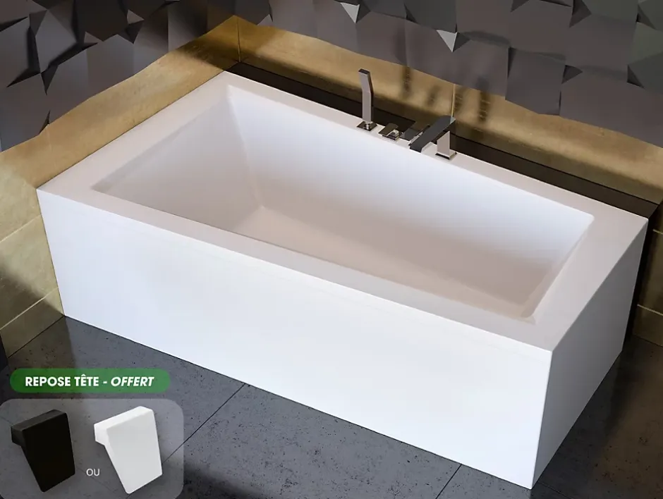 Besco Baignoire asymétrique + tablier blanc + repose tête - INTIMA - 160 x 90 cm - Gauche