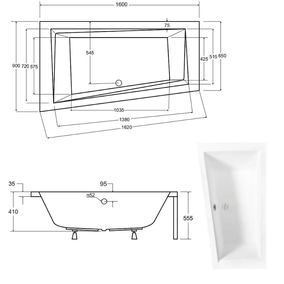 Besco Baignoire asymétrique + tablier blanc + repose tête - INTIMA - 160 x 90 cm - Gauche