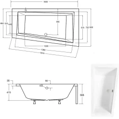 Besco Baignoire asymétrique + tablier blanc + repose tête - INTIMA - 150 x 85 cm - Droite