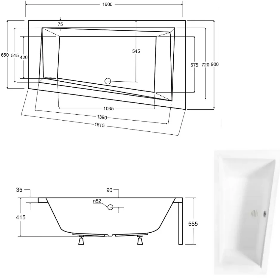 Besco Baignoire asymétrique + tablier blanc + repose tête - INTIMA - 150 x 85 cm - Droite