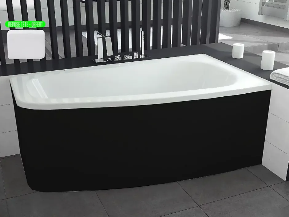 Besco Baignoire asymétrique + tablier noir + repose tête - LUNA - 150 x 80 cm - Droite* Baignoire Asymétrique