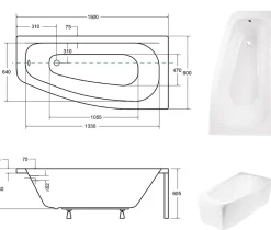 Besco Baignoire asymétrique + tablier blanc + repose tête - LUNA - 150 x 80 cm - Droite