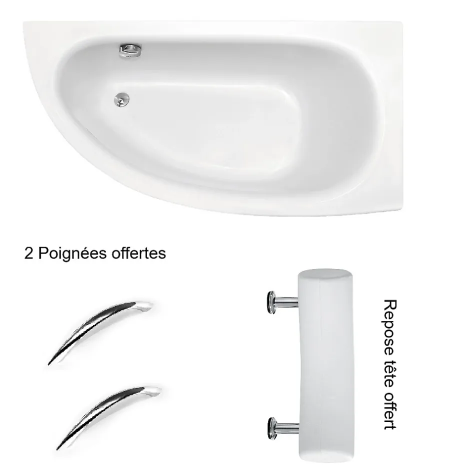 Besco Baignoire asymétrique + tablier blanc + repose tête + poignées - MILENA PREMIUM - 150 x 70 cm - Droite* Baignoire Asymétrique