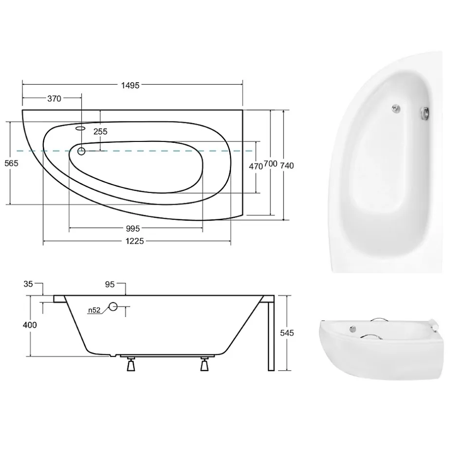 Besco Baignoire asymétrique + tablier blanc + repose tête + poignées - MILENA PREMIUM - 150 x 70 cm - Droite* Baignoire Asymétrique