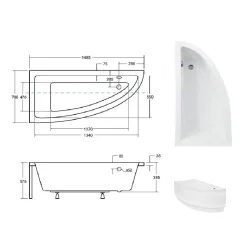 Besco Baignoire asymétrique + tablier blanc + repose tête - PRAKTIKA - 150 x 70 cm - Gauche