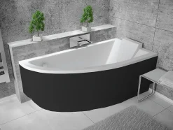 Besco Baignoire asymétrique + tablier noir + repose tête - PRAKTIKA - 150 x 70 cm - Droite