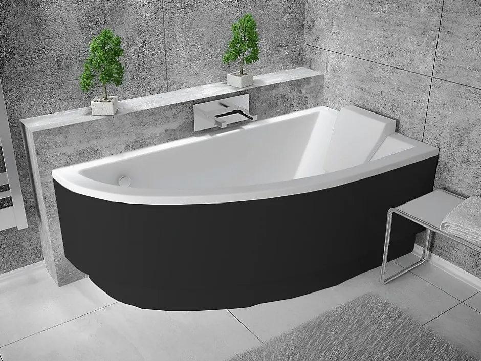 Besco Baignoire asymétrique + tablier noir + repose tête - PRAKTIKA - 150 x 70 cm - Droite