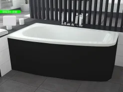 Besco Baignoire asymétrique + tablier noir + repose tête - LUNA - 150 x 80 cm - Gauche