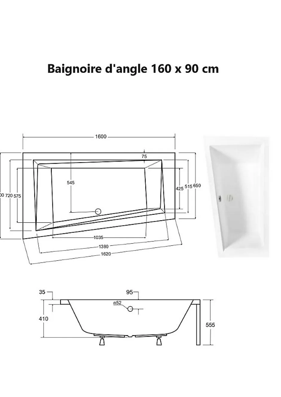 Besco Baignoire asymétrique + tablier noir + repose tête - INTIMA - 160 x 90 cm - Gauche* Baignoire Asymétrique