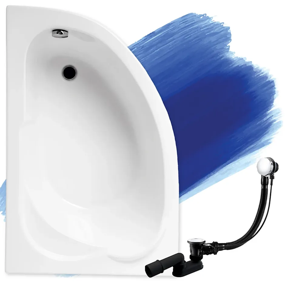 Badland Baignoire asymétrique 130 x 85 Gauche STANDARD acrylique blanc, sans Habillage + Pieds + Vidage à chromé* Baignoire D'Angle