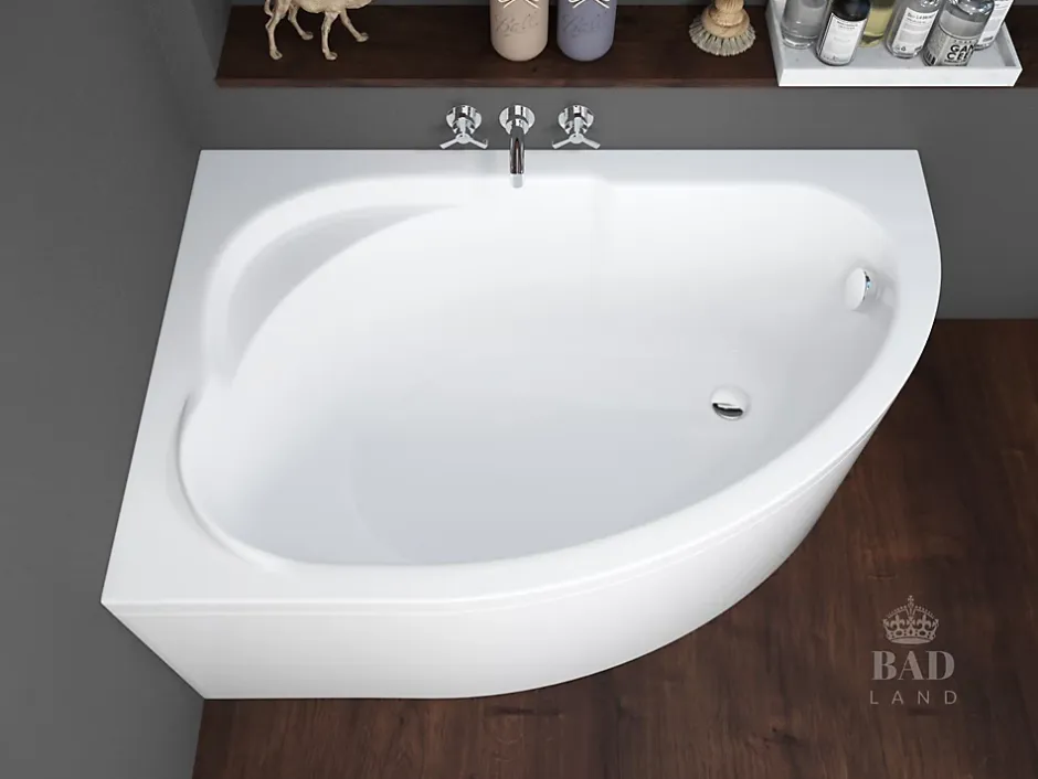 Badland Baignoire asymétrique 130 x 85 Gauche STANDARD acrylique blanc, sans Habillage + Pieds + Vidage à chromé* Baignoire D'Angle