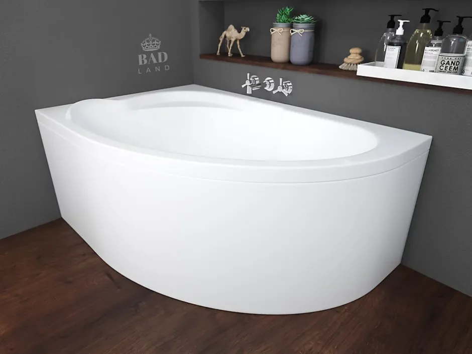 Badland Baignoire asymétrique 130 x 85 Gauche STANDARD acrylique blanc, sans Habillage + Pieds + Vidage à chromé* Baignoire D'Angle