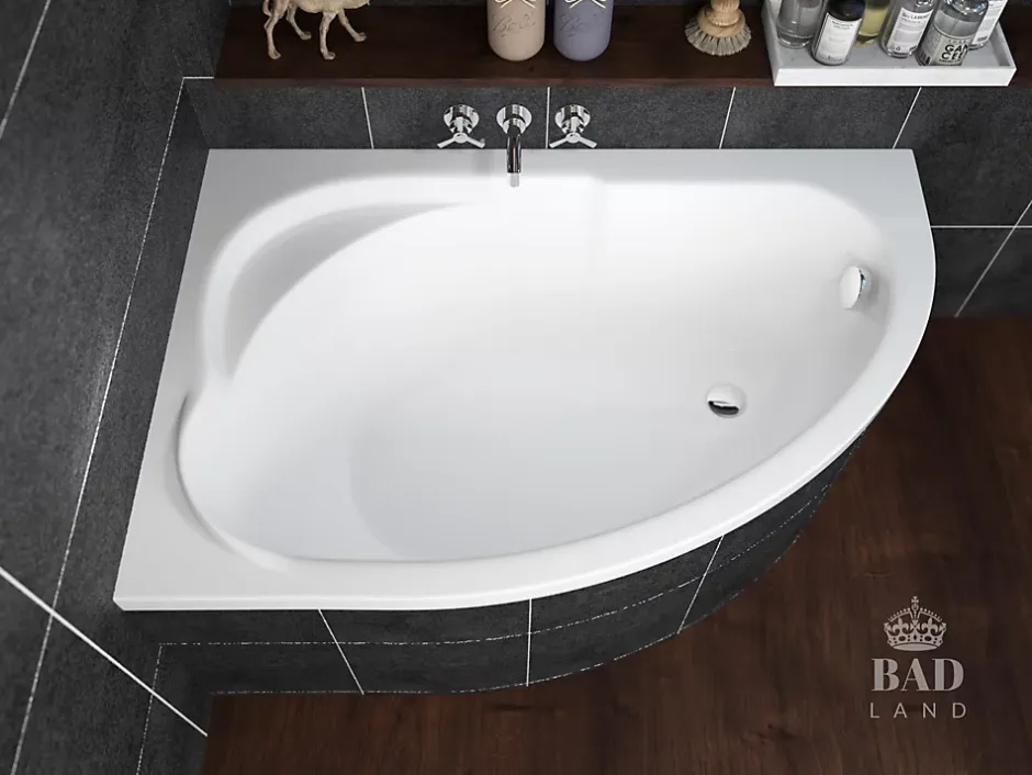 Badland Baignoire asymétrique 130 x 85 Gauche STANDARD acrylique blanc, sans Habillage + Pieds + Vidage à chromé* Baignoire D'Angle