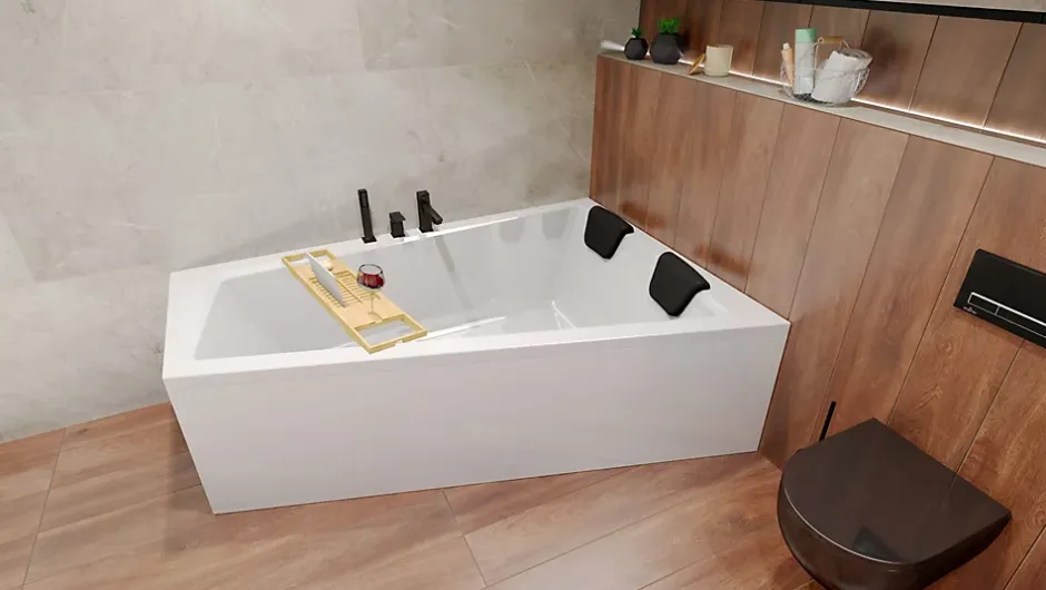 Badland Baignoire asymétrique 180 x 125 Droite INTIMA acrylique blanc, sans Habillage + Étagère bambou + Pieds + Vidage à chromé* Baignoire D'Angle