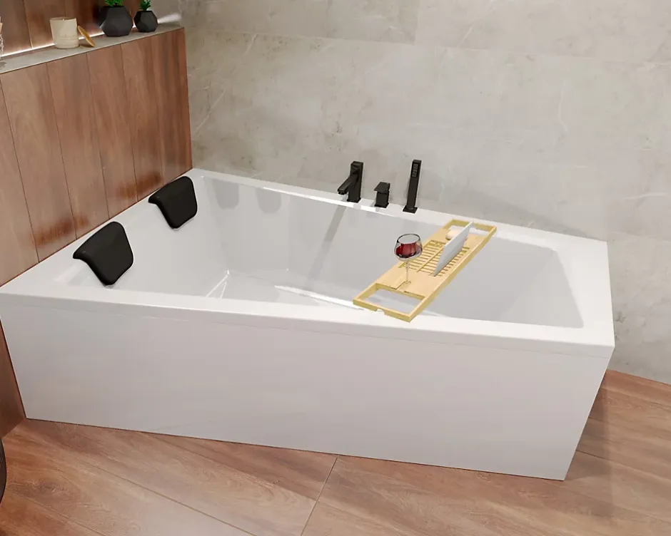 Badland Baignoire asymétrique 160 x 90 Gauche INTIMA acrylique blanc, sans Habillage + Étagère bambou + Pieds + Vidage à chromé* Baignoire D'Angle