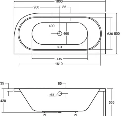 Badland Baignoire asymétrique 180 x 80 Gauche AVITA acrylique blanc + avec Tablier + Pieds + Vidage à chromé* Baignoire D'Angle