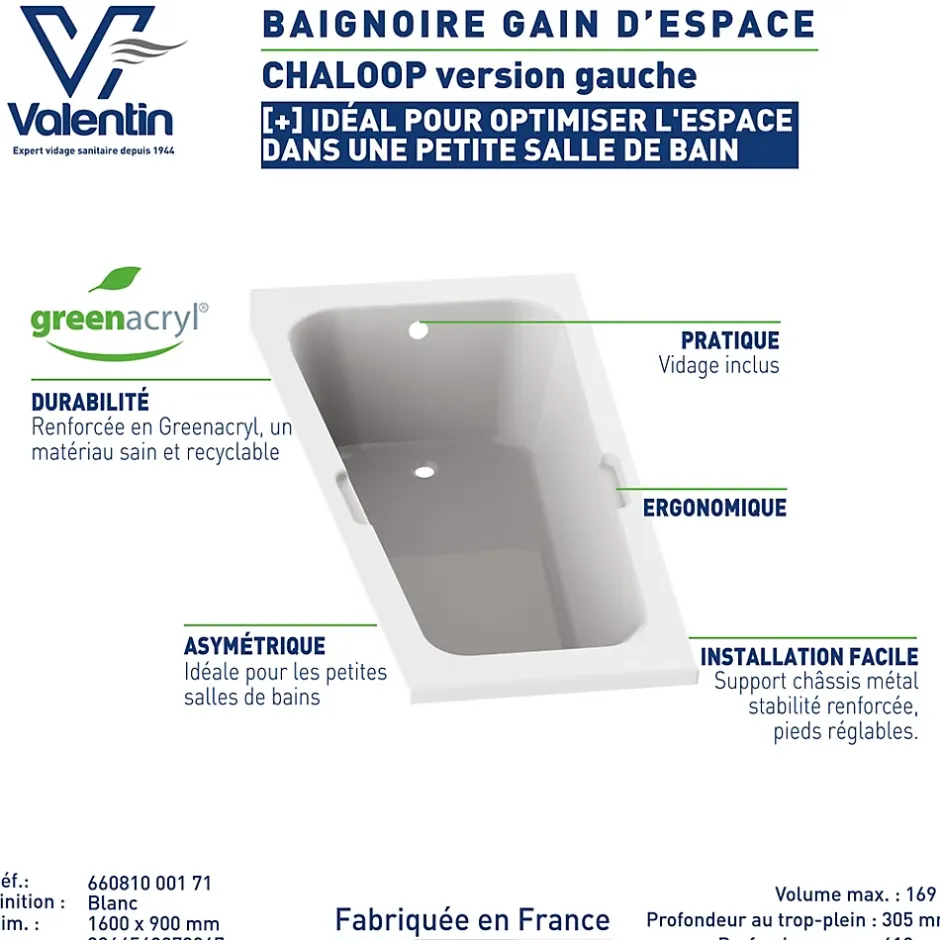 Valentin Baignoire asymétrique angle gauche Chaloop L.160 x l.90 cm sans tablier* Baignoire Asymétrique