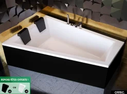 Besco Baignoire Asymétrique avec Tablier Noir - 180 x 125 cm - GAUCHE - INTIMA DUO - 2 REPOSE-TÊTES OFFERTS* Baignoire Asymétrique
