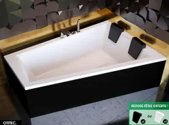Besco Baignoire Asymétrique avec Tablier Noir - 170 x 125 cm - DROITE - INTIMA DUO - 2 REPOSE-TÊTES OFFERTS