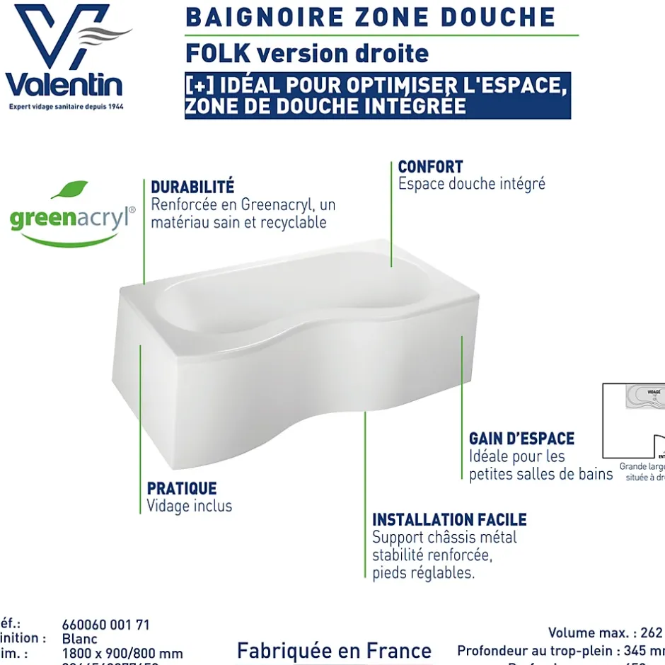 Valentin Baignoire asymétrique d'angle droit Folk 180 x 90 cm sans tablier* Baignoire Asymétrique