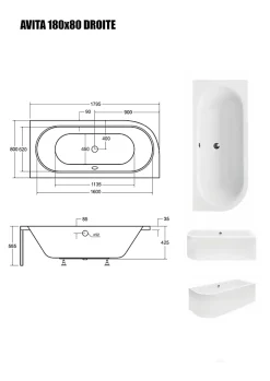 Besco Baignoire Asymétrique sans Tablier - 180 x 80 cm - AVITA SANS TABLIER - DROITE - 1 REPOSE-TÊTE OFFERT* Baignoire Asymétrique
