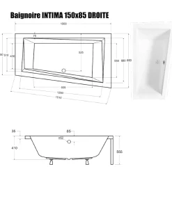 Besco Baignoire Asymétrique sans Tablier - 150 x 85 cm - INTIMA SANS TABLIER - DROITE - avec Repose tête OFFERT