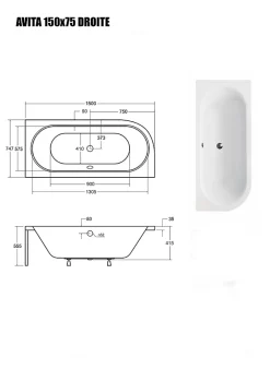 Besco Baignoire Asymétrique sans Tablier - 150 x 75 cm - AVITA SANS TABLIER - DROITE - 1 REPOSE-TÊTE OFFERT