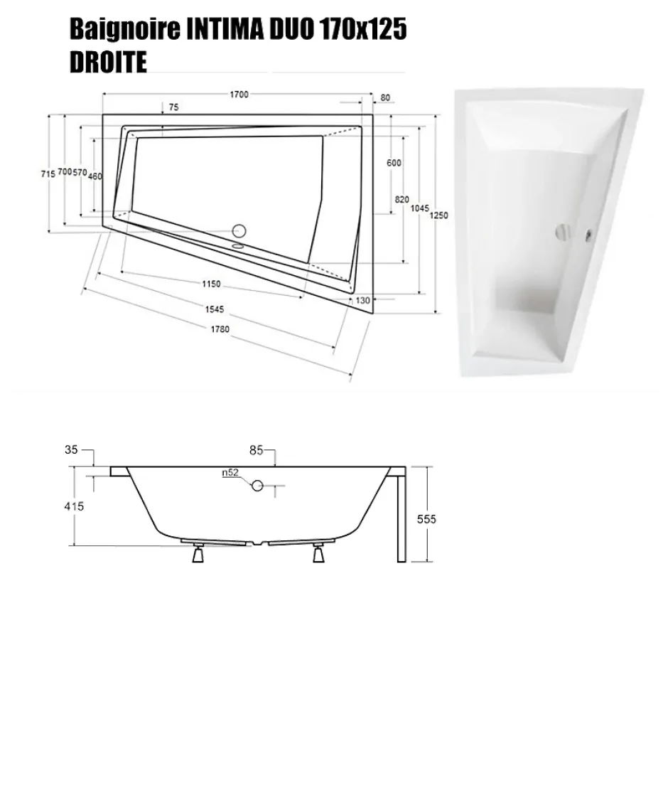 Besco Baignoire Asymétrique sans Tablier - 170 x 125 cm - INTIMA DUO SANS TABLIER - DROITE - 2 REPOSE-TÊTES OFFERTS