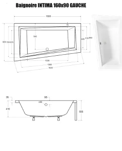 Besco Baignoire Asymétrique sans Tablier - 160 x 90 cm - INTIMA SANS TABLIER - GAUCHE - avec Repose tête OFFERT