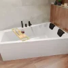 Badland Baignoire asymétrique 170x125 Droite INTIMA acrylique blanc, sans Habillage + Repose Tête + Étagère bambou +Pieds Vidage à chromé
