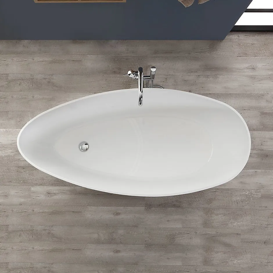 Kiamami Valentina Baignoire Autoportante Design 150X70x56 Cm En Marbre Blanc Rachele Par