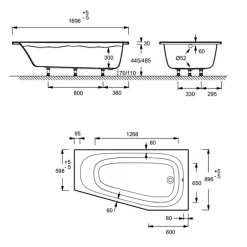 Jacob Delafon Baignoire bain douche 170 x 90 Bastille vidage à droite blanc mat* Baignoire Droite