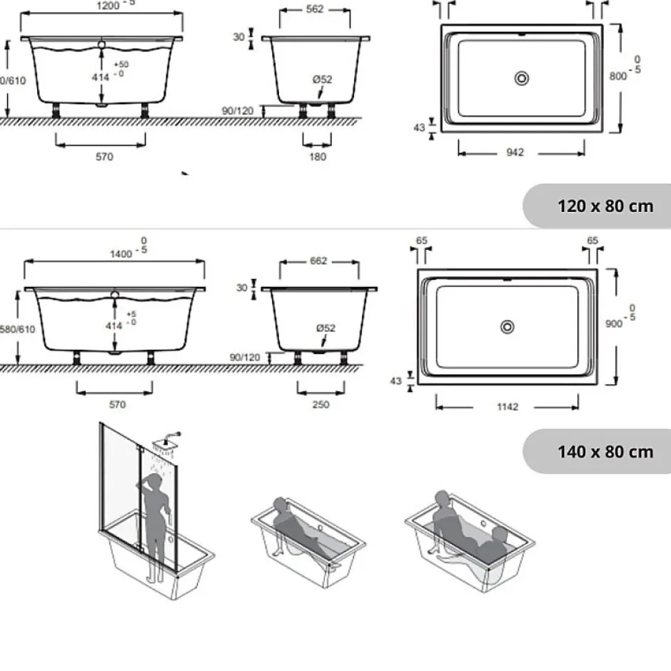 Jacob Delafon Baignoire bain douche 140 X 90 Capsule + marche pieds