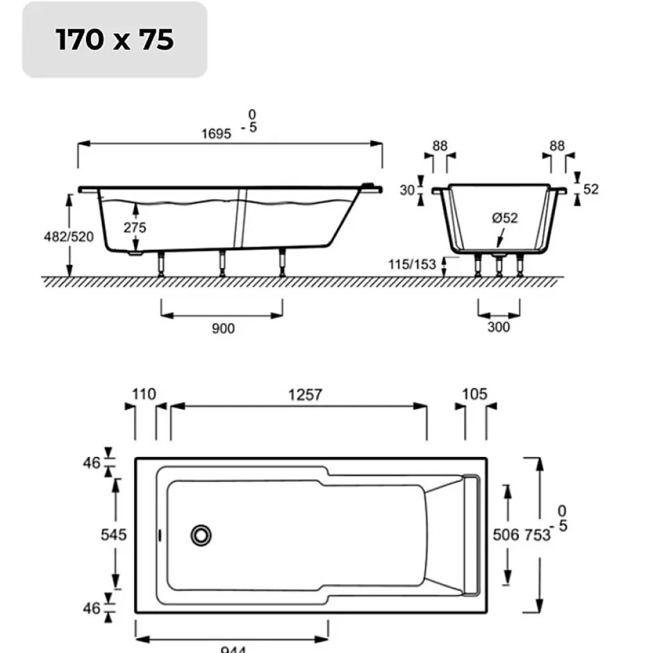 Jacob Delafon Baignoire bain douche Struktura + pare bain + étagère 170 X 75