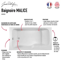 Jacob Delafon Baignoire bain douche Malice antidérapante + tablier angle 160 x 85 droite