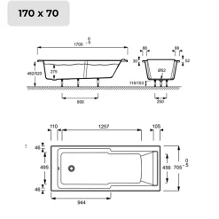 Jacob Delafon Baignoire bain douche Struktura + pare bain + tablier + étagère 170 x 70* Baignoire Droite