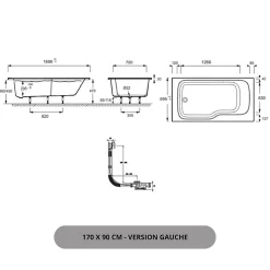 Jacob Delafon Baignoire bain douche Malice antidérapante + pare bain 170 x 90, version gauche