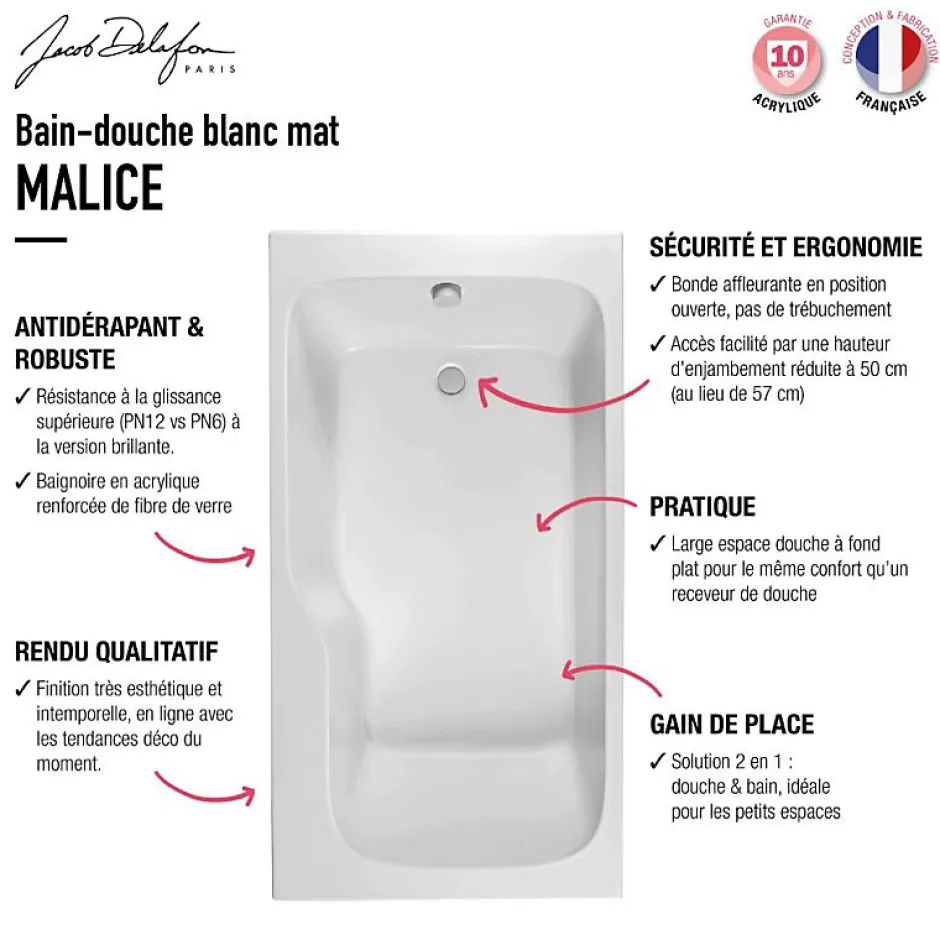 Jacob Delafon Baignoire bain douche Malice antidérapante + nettoyant 160 x 85 version gauche