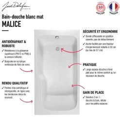 Jacob Delafon Baignoire bain douche Malice antidérapante, version droite 170x90 cm Blanc mat* Baignoire Droite